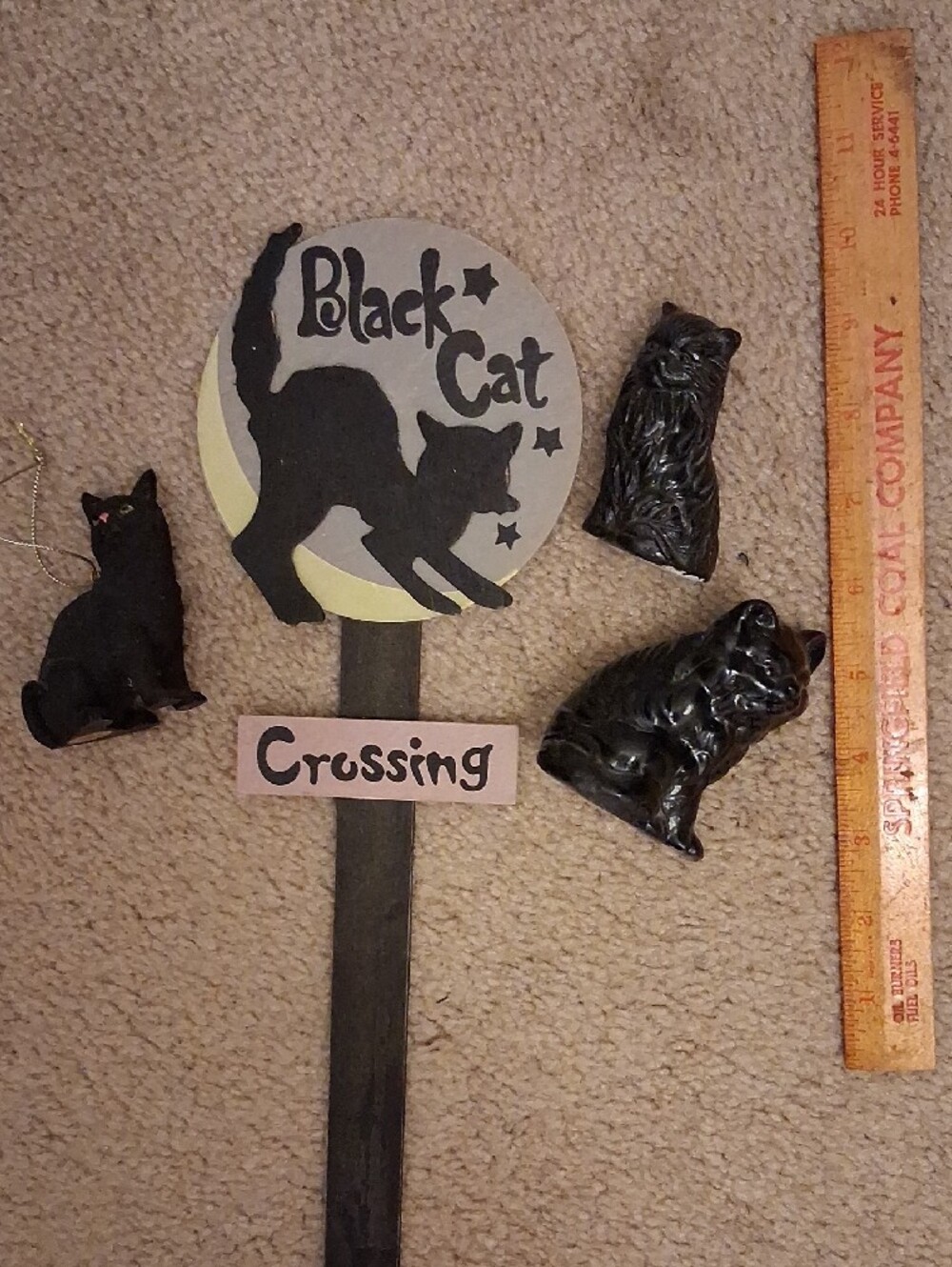 Black Cat Crossing Yard Stake with Black Cat Figurines